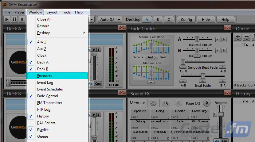 4) Launch SAM Broadcaster. 5) Click the Window menu and then Encoders